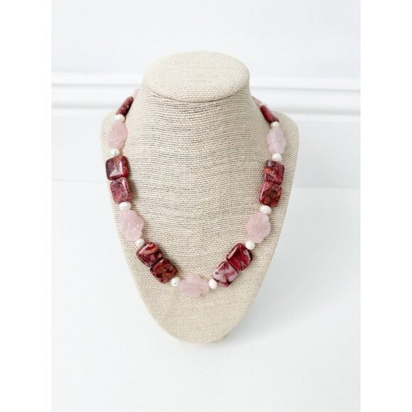 Jewelry - NWT Genuine Maroon Jade, Rose Quartz & Pearls Necklace Carved Flowers Pink White